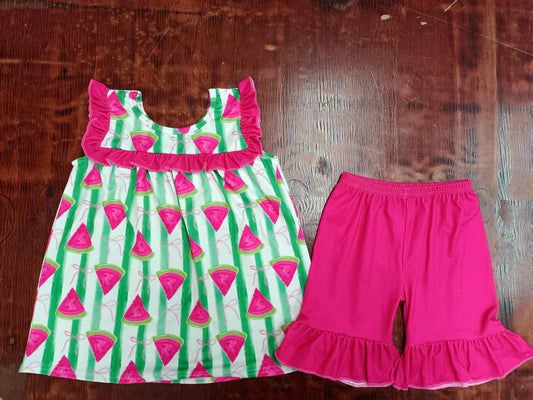 Preorder moq 5 Baby Girls Pink Sleeveless Stripe Watermelon Tunic Ruffle Short Sets