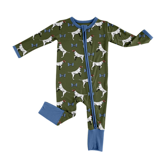 Infant Baby Boys Green Dogs Tie Bows Zip Rompers preorder(moq 5)