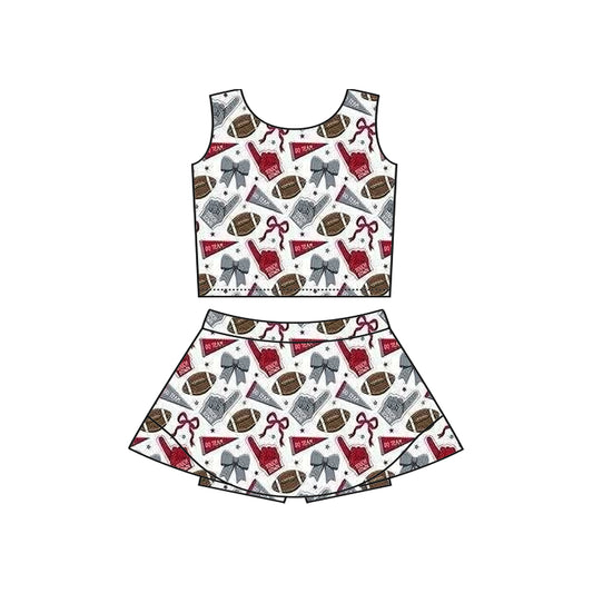 Preorder moq 5 Baby Girls Sleeveless Gray Football Cheer Plaid Vest Top Skorts Team Set