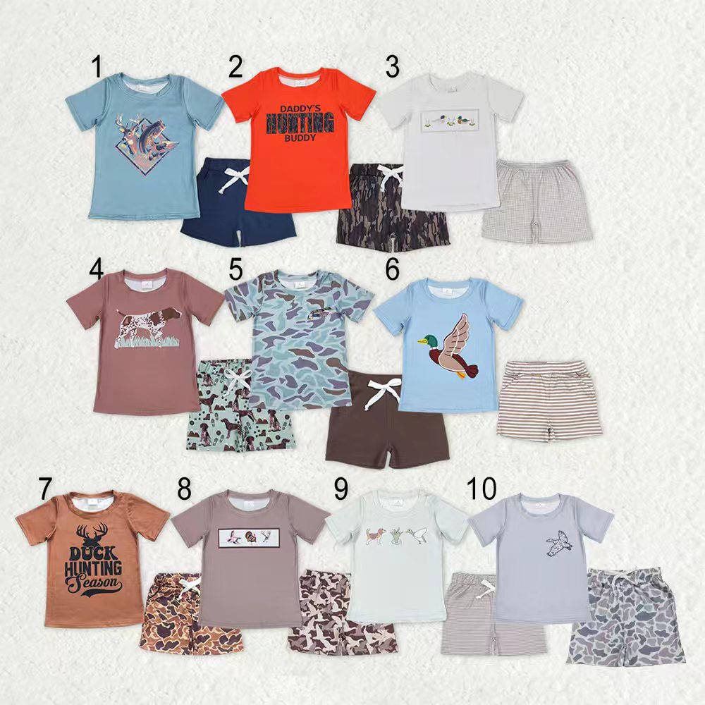 Sibling Baby Boys Short Sleeve Dogs Ducks Fishing Print Top Shorts Hunting Clothes Sets