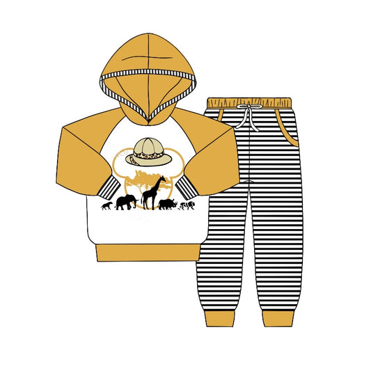 Baby Boys Lion Cartoon Hooded Top Stripes Pants Clothes Sets Preorder(moq 5)
