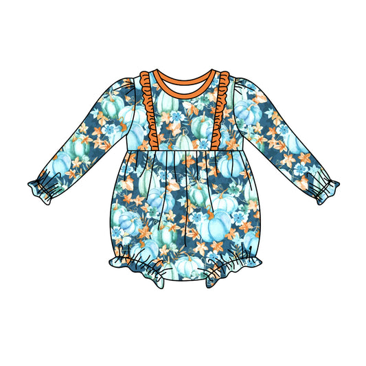 Baby Girls Fall Blue Pumpkin Long Sleeve Rompers Preorder(moq 5)