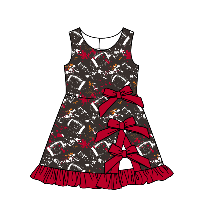 Preorder (moq 5)Baby Girls Tie-dye Footballs Print Team Bows Shorts Knee Length Dress