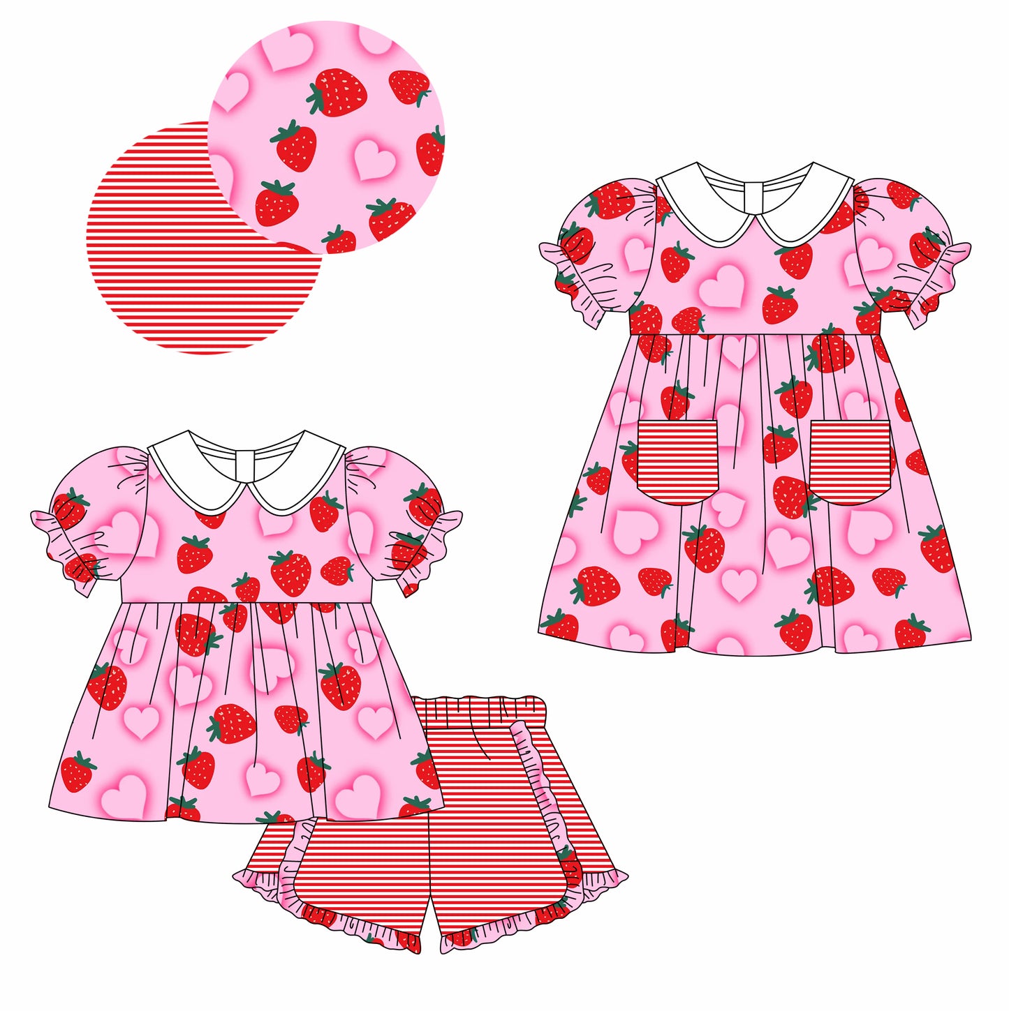 Preorder(moq 5 each) Baby Girls Pink Red Strabwerry Dress Shorts Sets