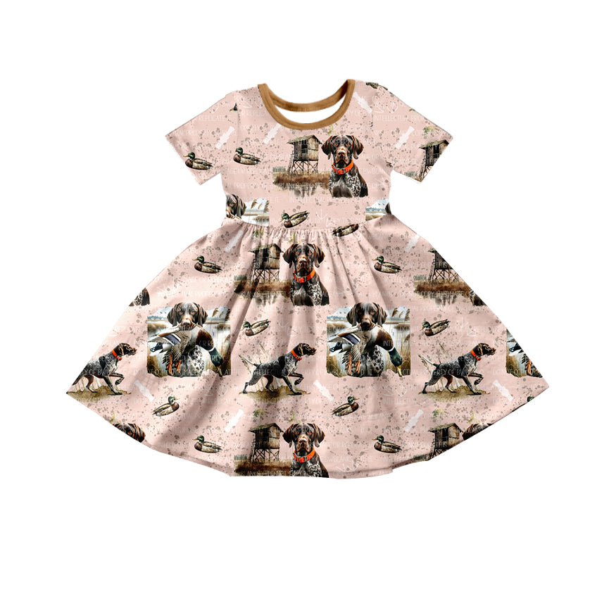 Baby Girls Toddler Dog Hunting Brown Short Sleeve Knee Length Dresses preorder(moq 5)