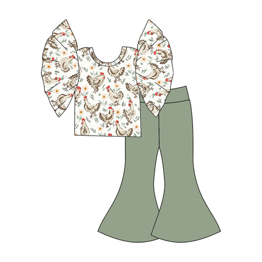 Baby Girls Chicken Flutter Sleeve Top Brown Bell Pants Clothes Outfits Sets preorder(moq 5)