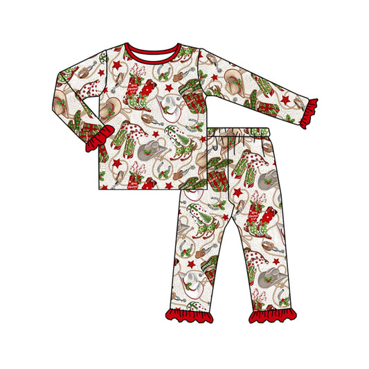 Baby Girls Western Christmas Boots Red Top Pants Pajamas Clothes Sets preorder(MOQ 5)