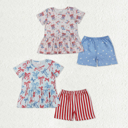 Sibling Baby Girls Red Blue Bows Boots Ruffle Tunic Shorts 4th of July Clothes Sets
