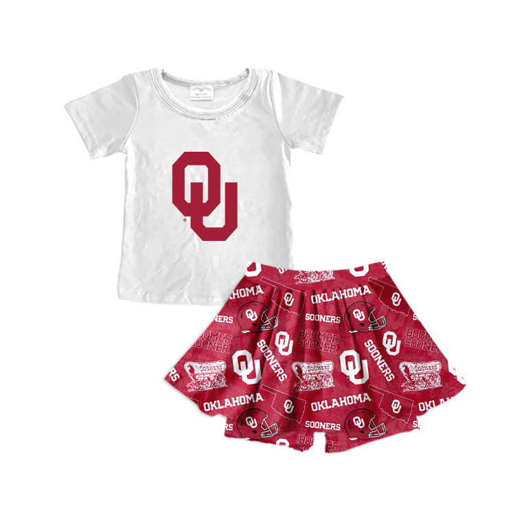 Preorder moq 5 Baby Girls White Team Oklahoma top skirt bummie clothes sets