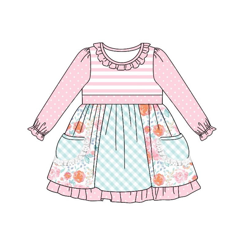 Baby Girls Pink Stripes Flowers Pockets Knee Length Dresses preorder(MOQ 5)