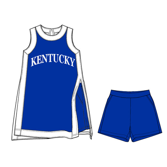 Preorder moq 5 Baby Girls White Blue Kentucky Split Tunic Pockets Short Team Clothes Sets