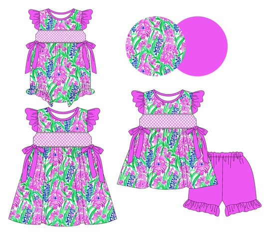 Preorder moq 5 Custom Baby Girls Hot Pink Flutter Sleeves Watercolor Floral Bows Tunic Ruffle Short Set Knee Length Dress Rompers