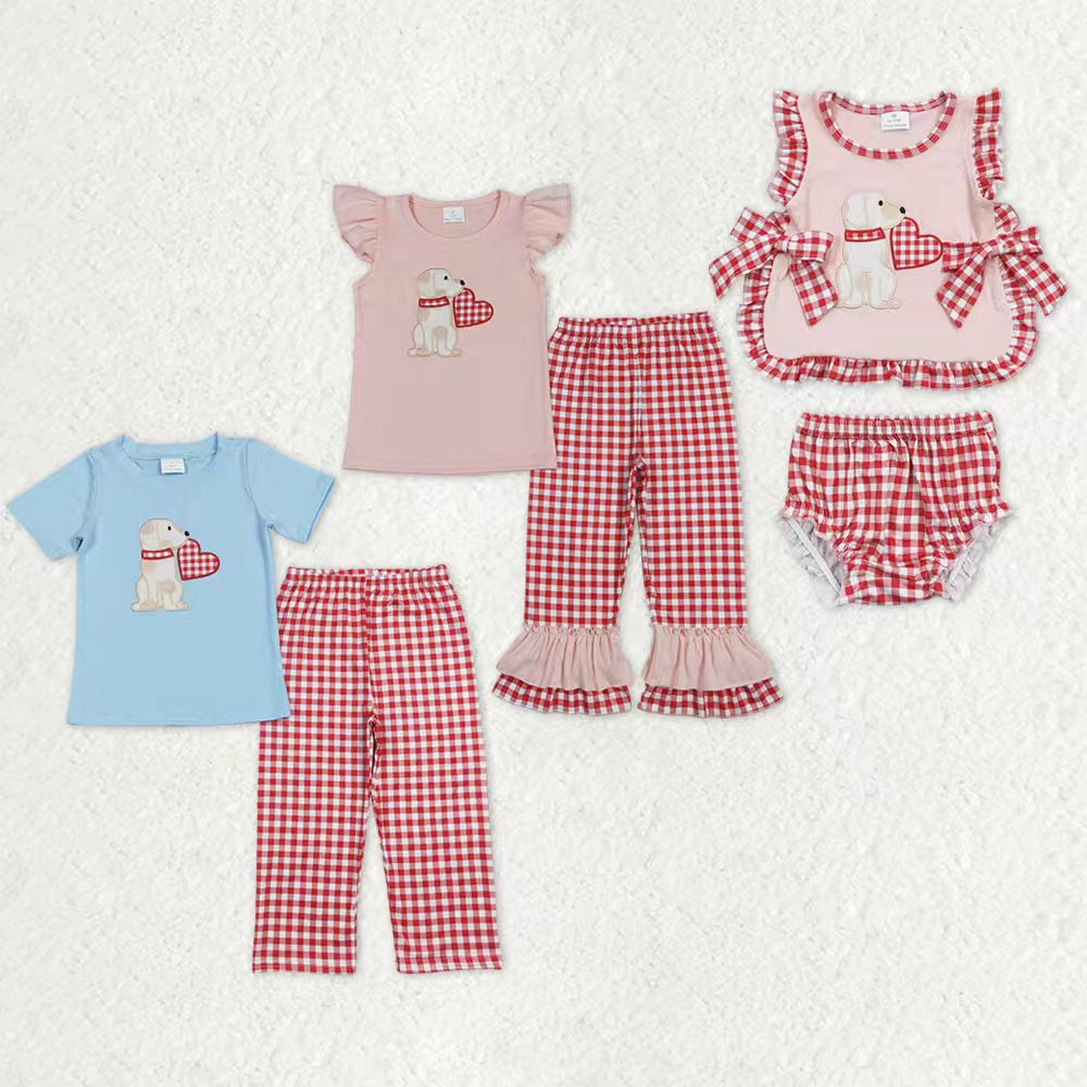 Sibling Baby Boys Girls Embroidery Heart Dogs Red Checked Pant Bummies Valentines Clothes Sets