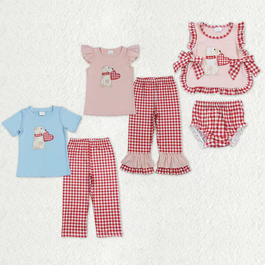 Sibling Baby Boys Girls Embroidery Heart Dogs Red Checked Pant Bummies Valentines Clothes Sets