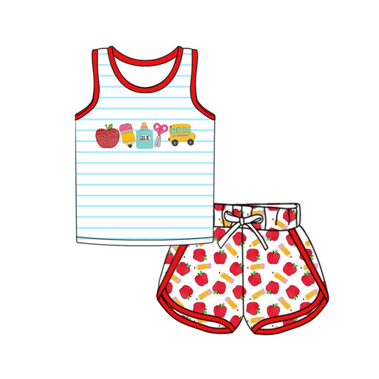 Preorder (moq 5)Baby Girls Blue Stripe Sleeveless Pencil Apple Top Short Sport Set Preorder