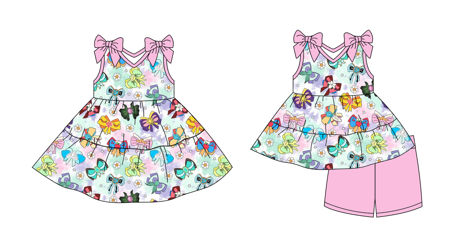 Preorder moq 5 Custom Baby Girls Pink Strap Colorful Bows Tunic Short Set Knee Length Dresses