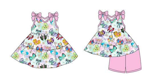 Preorder moq 5 Custom Baby Girls Pink Strap Colorful Bows Tunic Short Set Knee Length Dresses