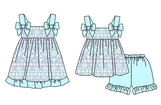 Preorder moq 5 Custom Baby Girls Aqua Strap Aztec Tunic Ruffle Short Set Knee Length Dresses