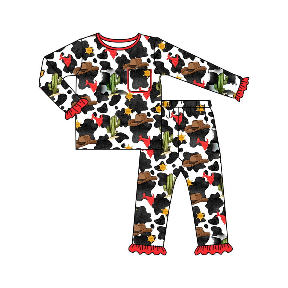 Preorder (moq 20)Baby Girls Bamboo Western Black Cow Cactus Top Pants Pajamas Sets
