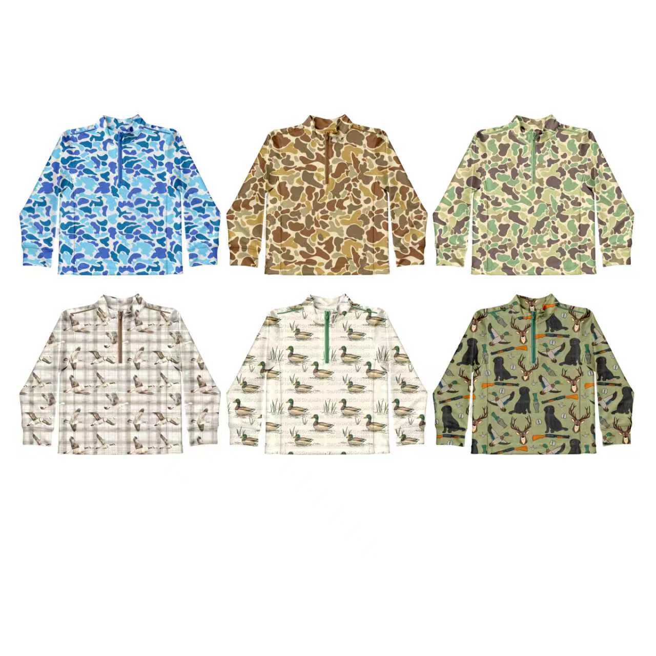 Preorder moq 5 (each item)Baby Boys Southern Camo Ducks Dogs Hunting Zipper Pullovers Top