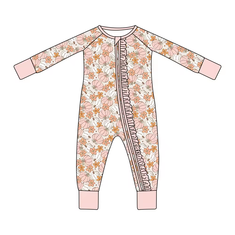 Baby Infant Girls Pink Pumpkin Flowers Long Sleeve Zip Rompers preorder(moq 5)