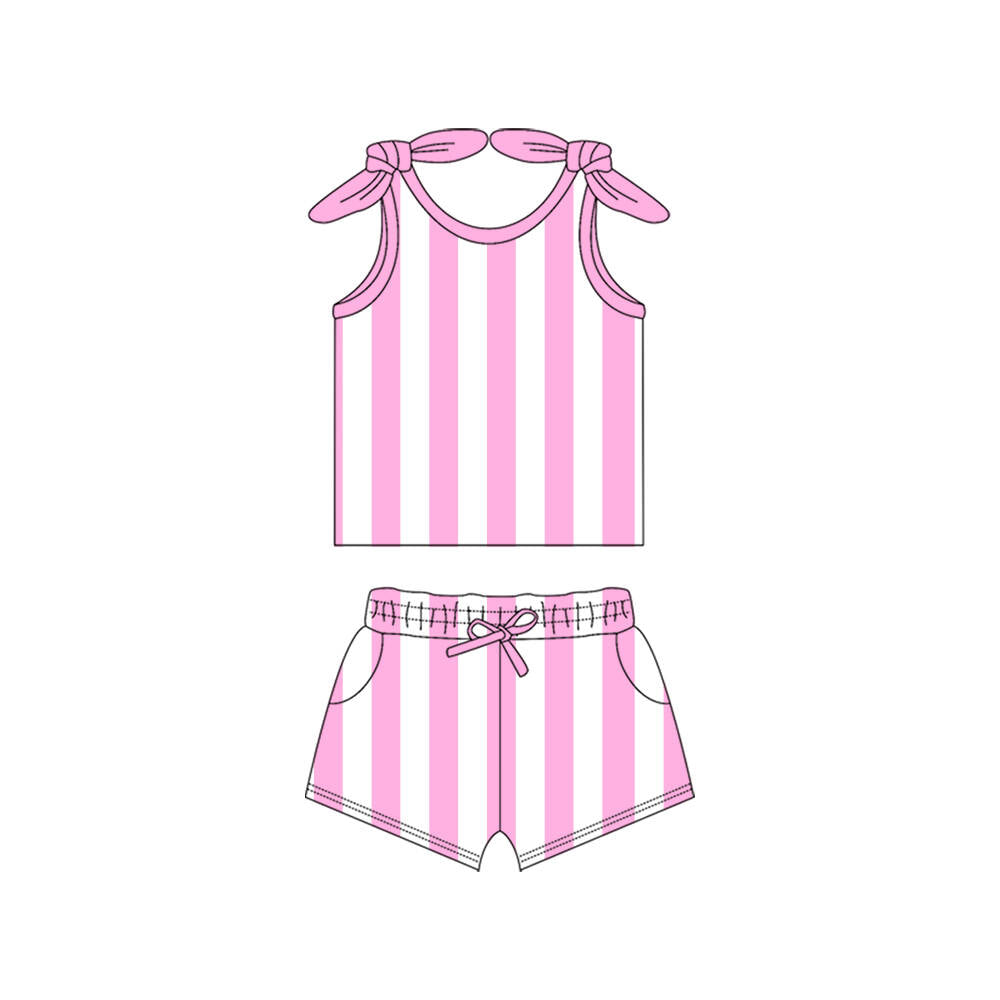 Preorder (moq 5)Baby Girls Pink Stripes Bow Shirt Shorts Clothes Sets