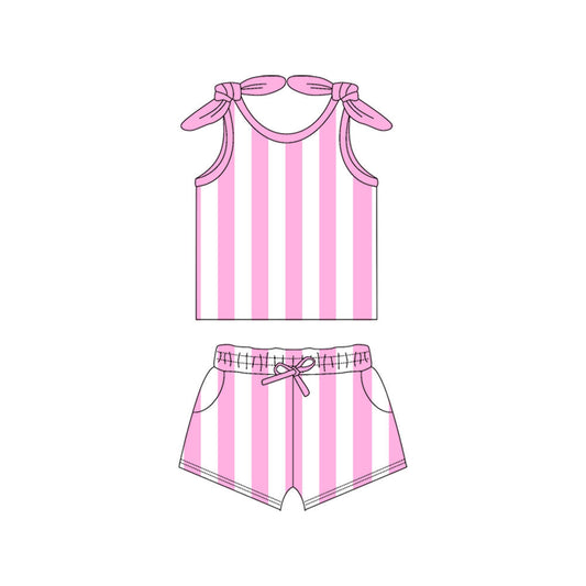 Preorder (moq 5)Baby Girls Pink Stripes Bow Shirt Shorts Clothes Sets