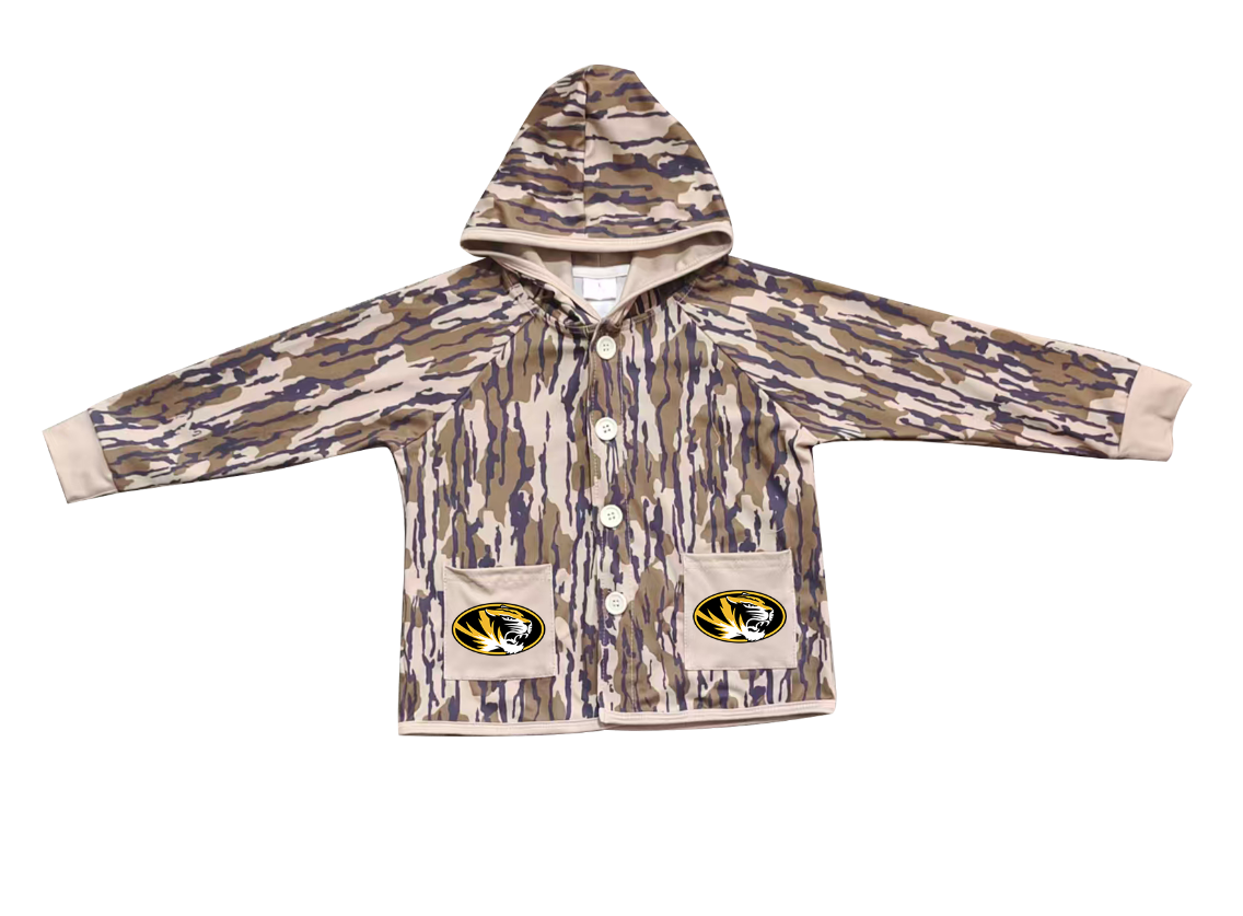 Preorder (moq 5)Baby Boys Olive Camo Tigers Pockets Team Button Hoodie Jackets Top