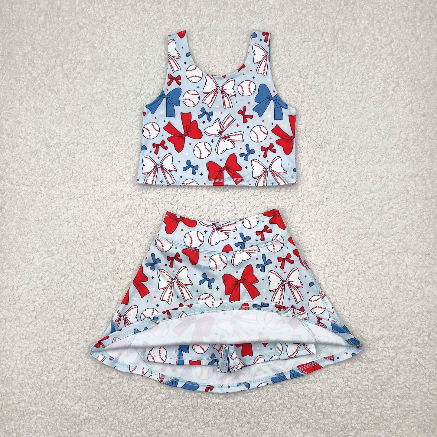Sibling Baby Girls Baseball 4th Of July Yoga Active Wear Vest Skort Sets Knee Length Dresses