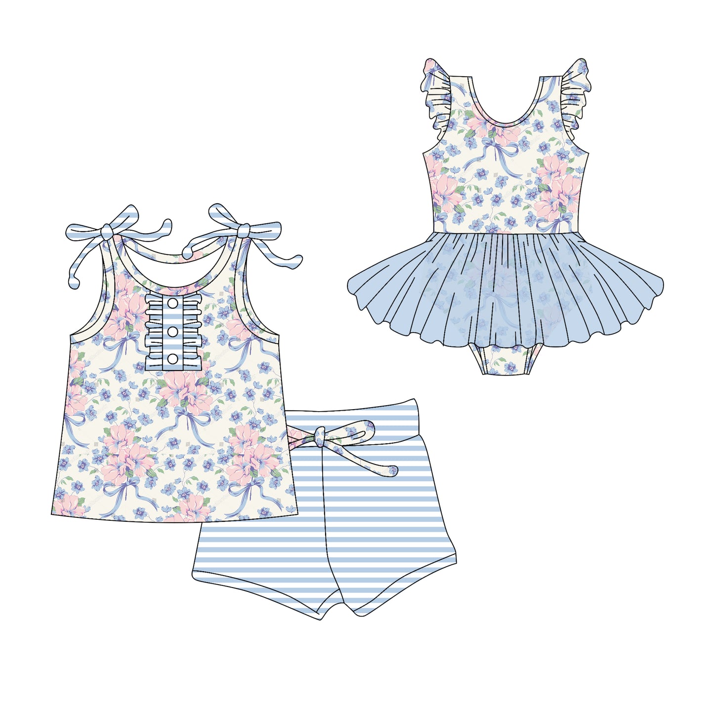 Preorder moq 5 Custom Baby Girls Blue Strap Floral Button Top Stripe Short Set Skort Bummise Romper