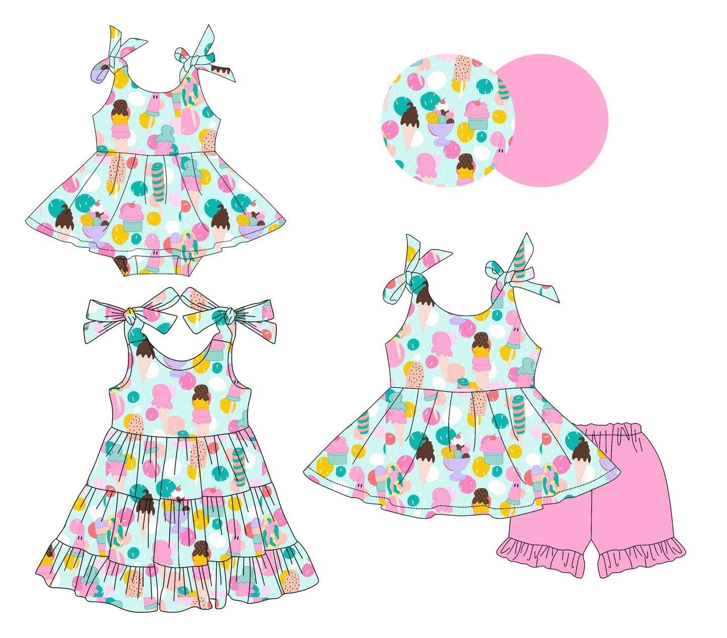 Preorder moq 5 Custom Baby Girls Ice Cream Cakes Tunic Ruffle Short Set Knee Length Dress Bummies Dress Rompers