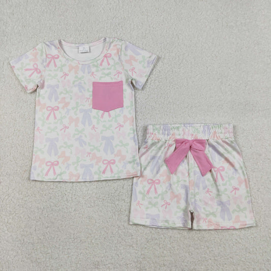 Baby Girls Colorful Bows Pocket Top Shorts Clothes Sets