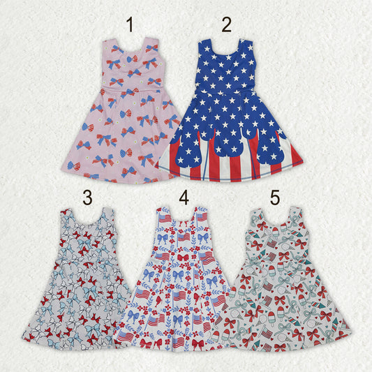 Sibling Baby Girls Red Blue Bows Popsicle 4th of July Yoga Active Shorts Knee Length Dress