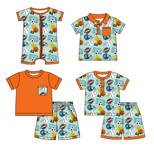 Preorder moq 5 Custom Baby Boys Orange Short Sleeves Football Baseballs Top Short Pajamas Set Polo Shirts And Zipper Rompers