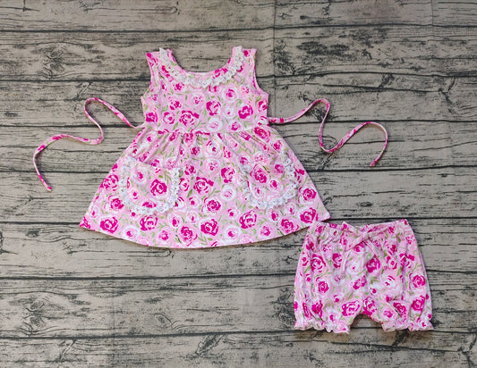 Baby Girls Pink Rose Flowers Tunic Top Ruffle Shorts Clothes Sets