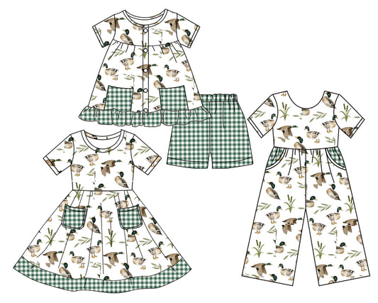 Preorder moq 5 Custom Baby Girls Short Sleeves Button Ducks Green Plaid Pockets Tunic Short Set Knee Length Dress Jumpsuits