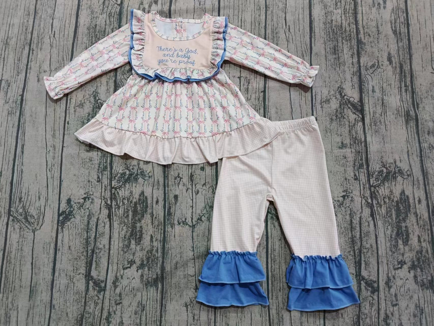 Preorder (moq 5)Baby Girls Pink Bows Stripes Ruffle Tunic Pants Clothes Sets