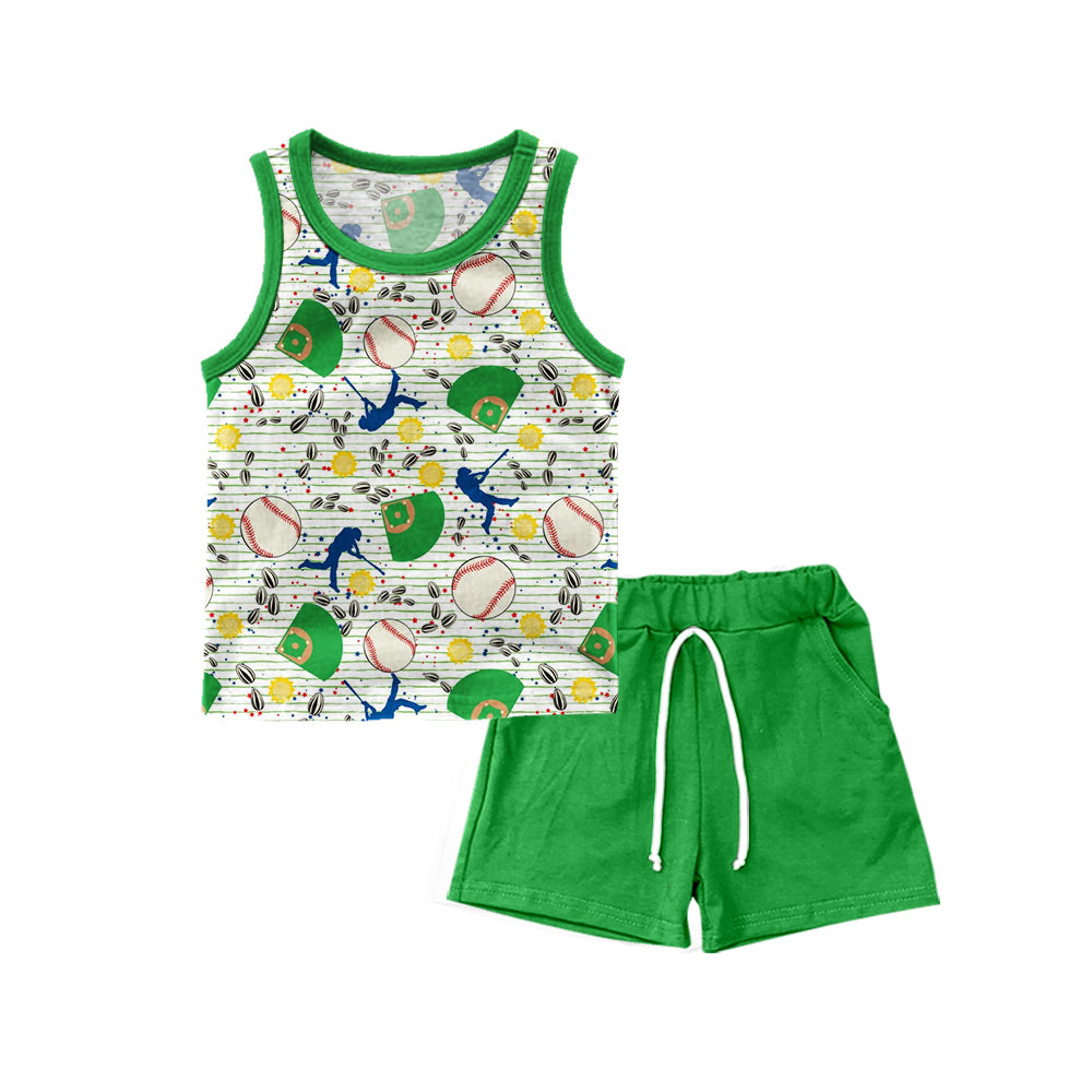 Preorder (moq 5)Baby Boys Baseball Green Sleeveles Shirts Shorts Clothes Sets