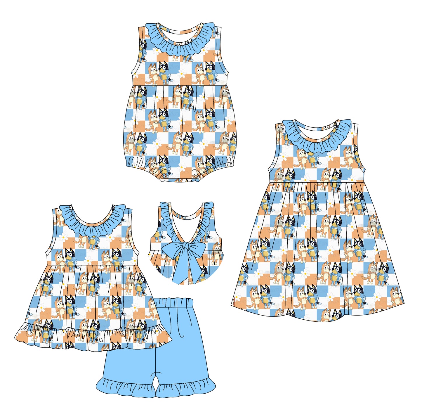 Preorder moq 5 Custom Baby Girls Sleeveless Cartoon Dogs Flowers Tunic Ruffle Short Set Knee Length Dress And Rompers