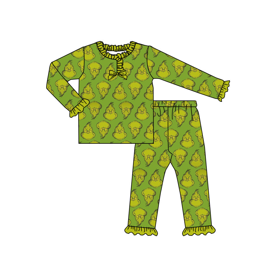 Preorder (moq 20)Baby Girls Bamboo Green Faces Christmas Pajamas Sets