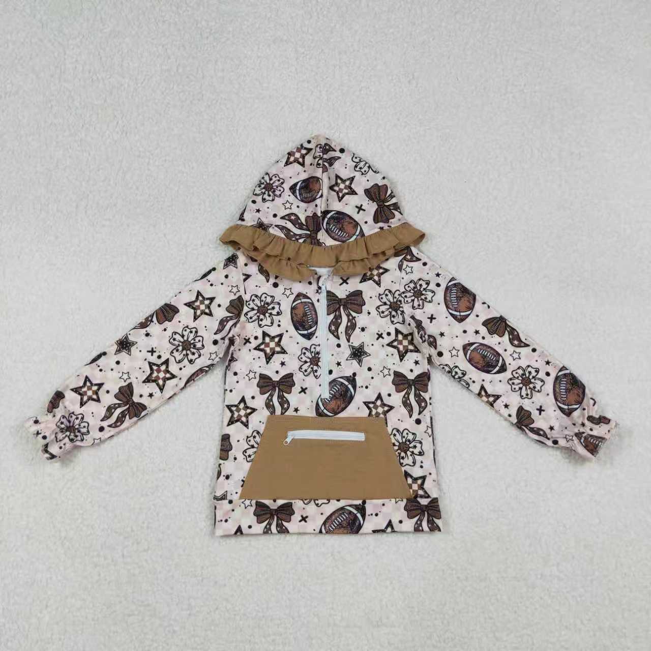 Sibling Baby Girls Bows Footballs Zip Pullover Top Pants Team Clothes Sets Ruffle Hoodies Top