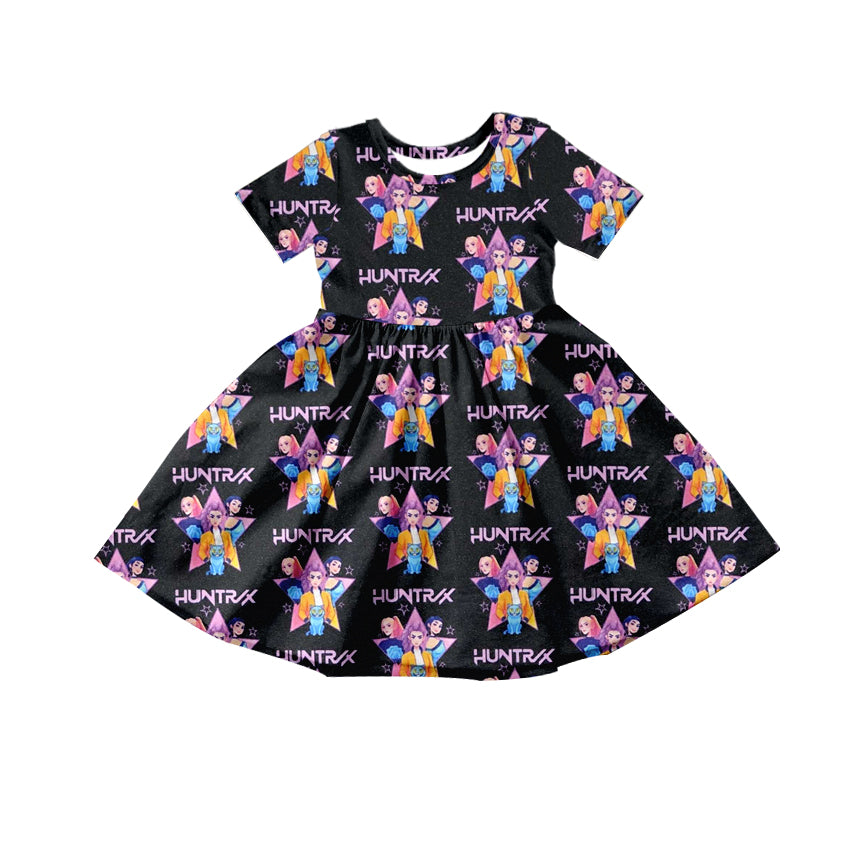 Preorder moq 5 Baby Girls Short Sleeve Cartoon Hunter Knee Length Dresses