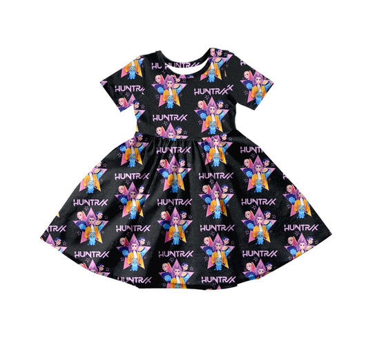 Preorder moq 5 Baby Girls Short Sleeve Cartoon Hunter Knee Length Dresses