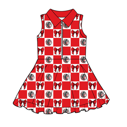 Preorder (moq 5)Baby Girls Redskins Bows Checked Zipper Shorts Team Knee Length Dresses