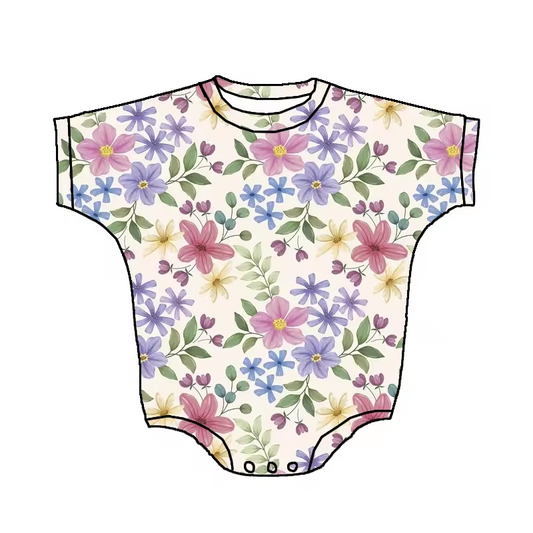 Baby Infant Girls Lavender Green Flowers Short Sleeve Rompers preorder(moq 5)