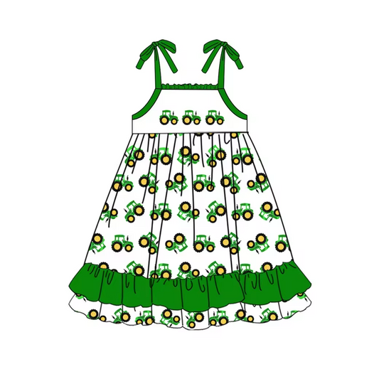 Baby Girls Green Tractor Ruffles Knee Length Dresses Preorder(moq 5)