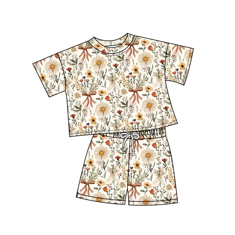 Preorder (moq 5)Baby Girls Yellow Flowers Bows Top Shorts Clothes Sets
