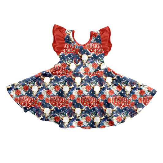 Baby Girls 4th Of July Cows Flutter Sleeve Knee Length Dresses preorder (moq 5)