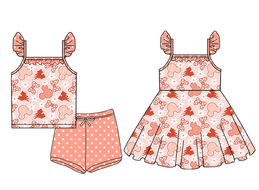 Preorder moq 5 Custom Baby Girls Peach Flutter Sleeves Cartoon Mouse Bows Top Polka Dots Short Set Knee Length Dress