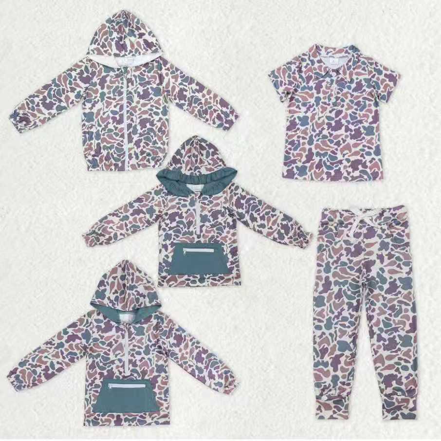 Sibling Baby Kids Southern Lavender Camo Polo Zip Pocket Hoodies Leggings